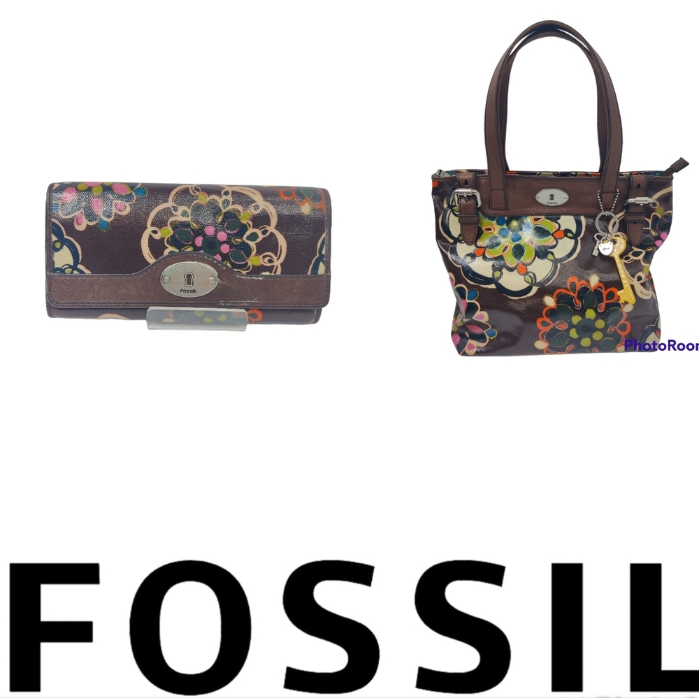 Fossil Key-Per Satchel Tote & Wallet Set Floral, Brown Coated Canvas & Leather